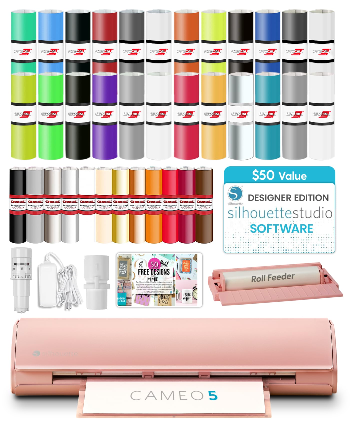 Silhouette Cameo 5 Bundle - Professional Vinyl Cutter Machine, 24 Adhesive Vinyl Rolls & AutoBlade - Includes Roll Feeder, Designer Edition Software & 50 Free Designs (Pink)