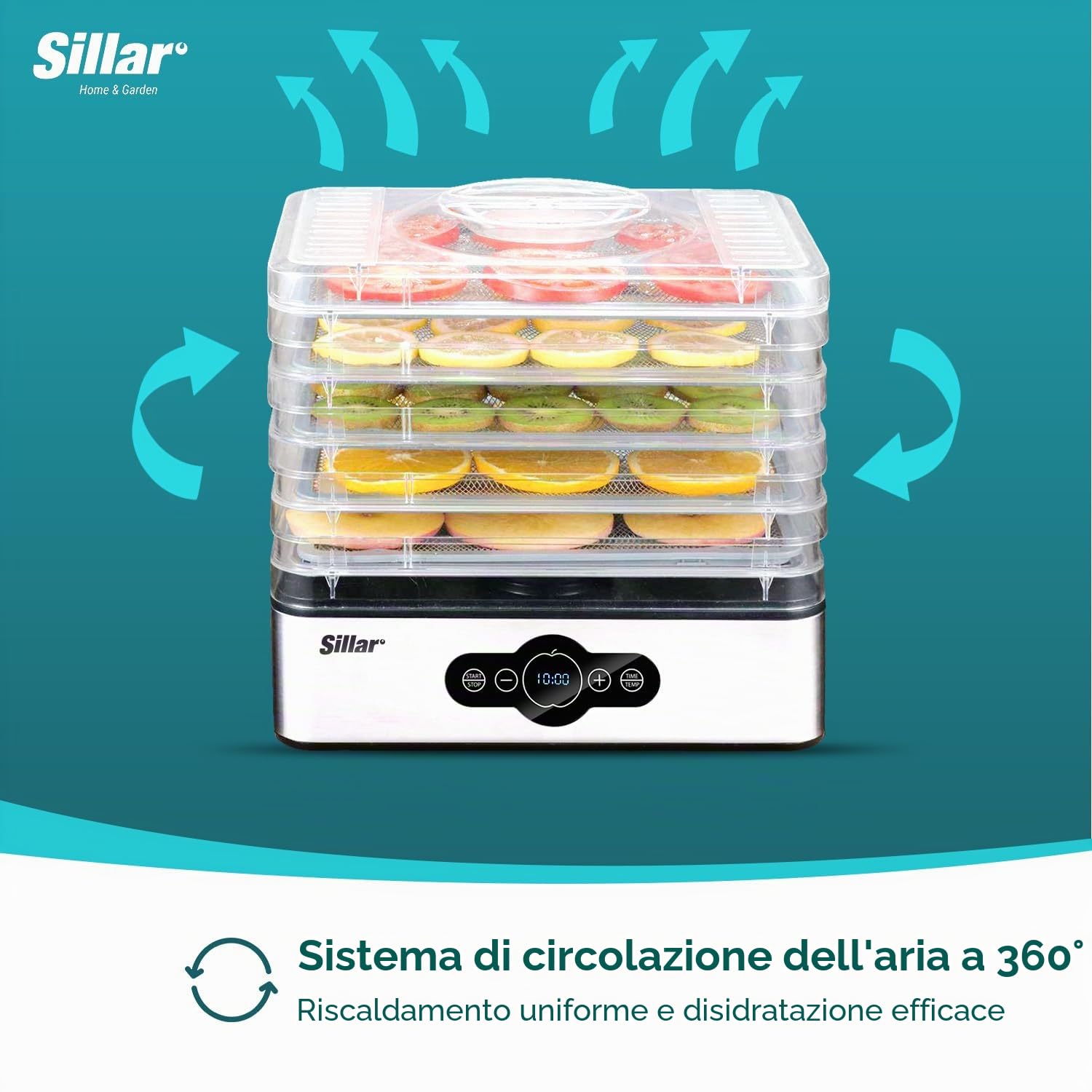 Sillar Essiccatore frutta e verdura, 5 vassoi, Disidratatore per Alimenti, Essiccatore Alimentare, Temperatura regolabile (35°-70°C), Timer di 99 ore, 240W