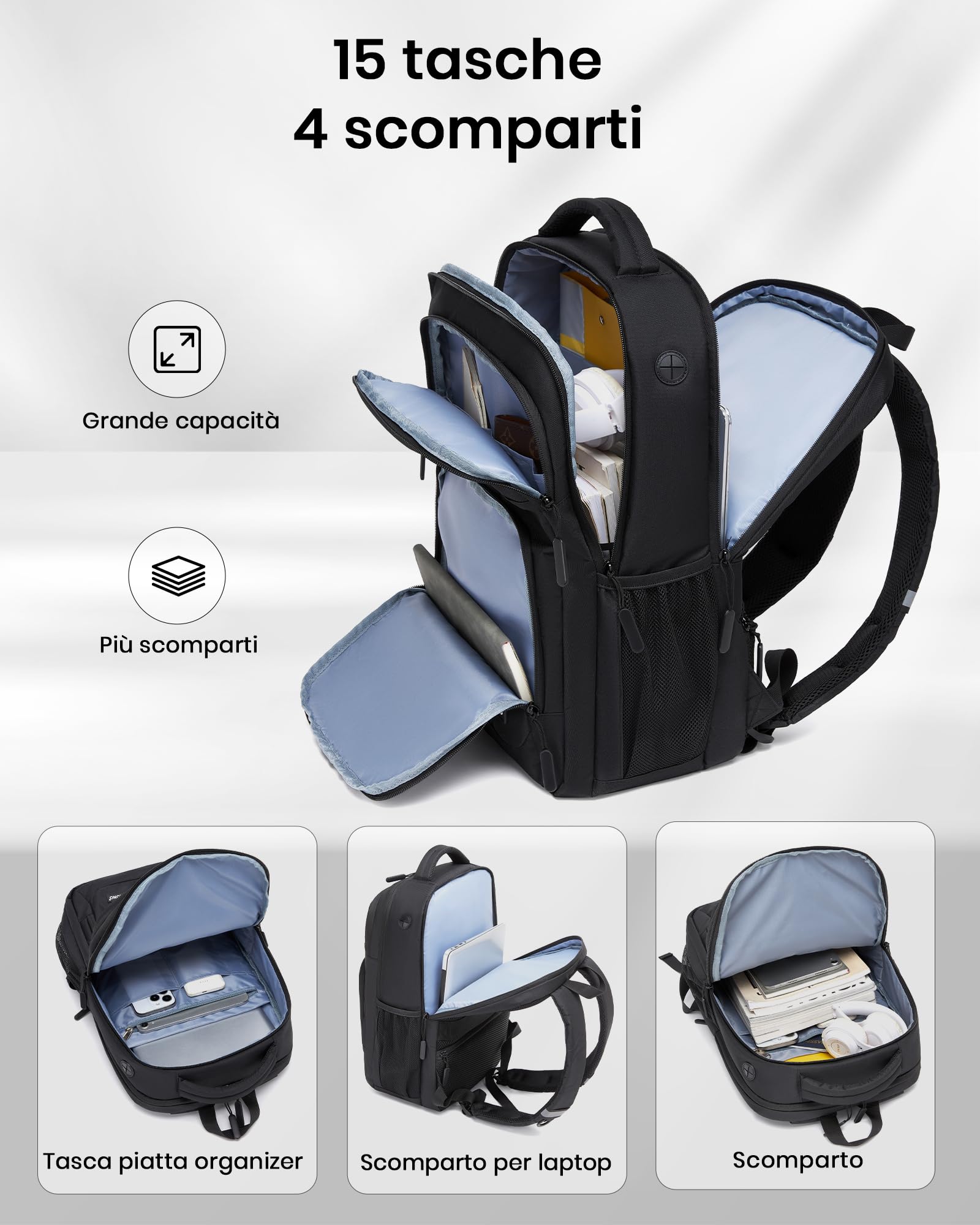 KONO Zaino Porta PC 15,6 Pollici Uomo Donna Business Impermeabile Antifurto con Porta USB, Zaino Laptop da Viaggio per Lavoro Scuola Università - Nero