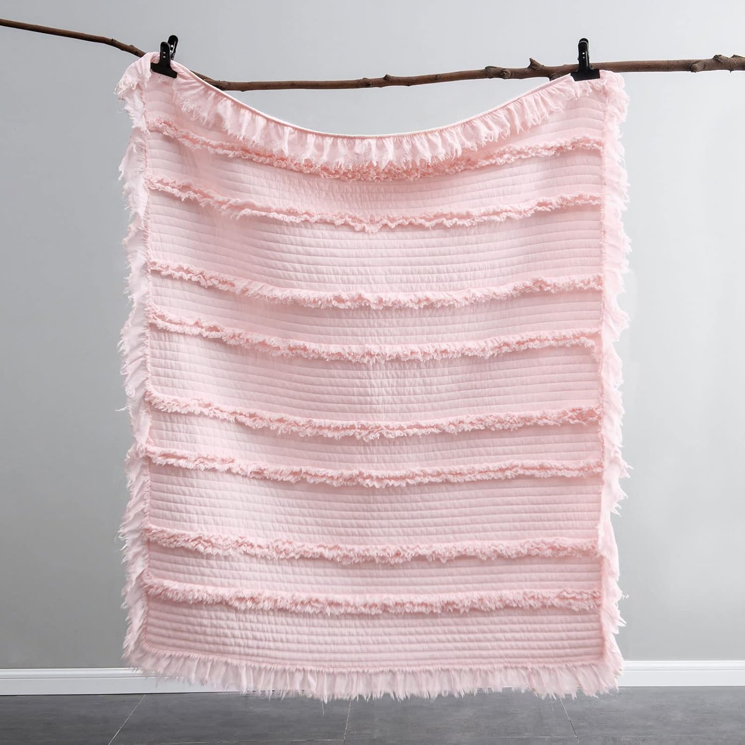 Ultra Soft Pre-Washed Quilted Throw Blanket, Ruffle Fringed Pink Boho Decorative Throw, Stone Washed Chic Rustic Blanket for Sofa Couch Bed Chair, 50"x 60" - Image 6