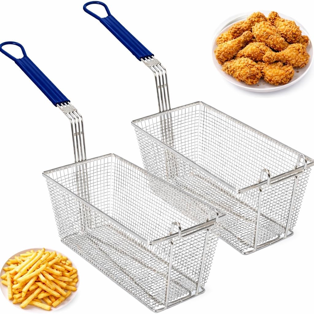 Deep Fryer Basket | 2 Pack | Commercial Grade | 13" x 6.5" x 6" | Nickel Plated Iron | Professional Kitchen Fry Basket | Perfect for Heavy Duty Restaurant Use