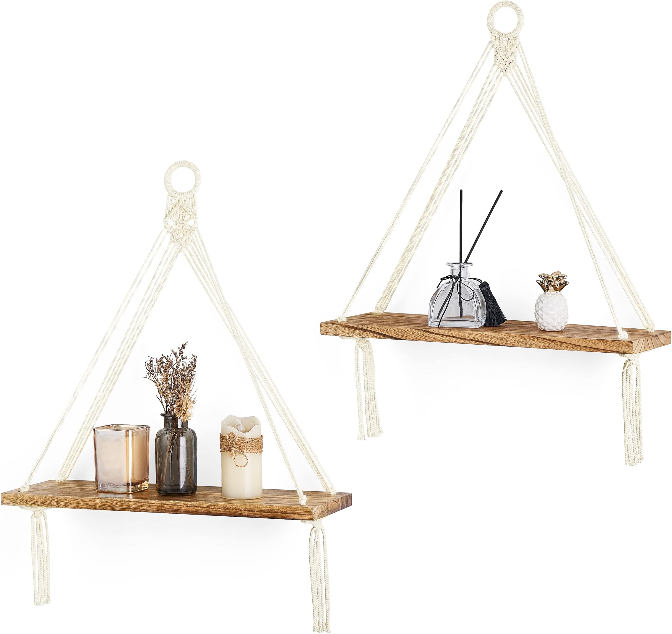 Dahey Macrame Hanging Shelf Boho Wall Decor, 2 Pack Rustic Wood Floating Shelves for Nursery Bedroom Bathroom Living Room Dorm Room, Storage Display Shelves for Hanging Plants Photos