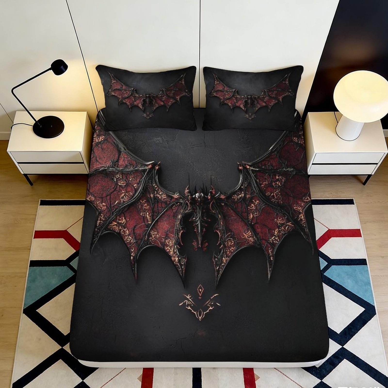 3D Printed Gothic Dragon Wings Fitted Sheet Microfiber Black Red Bed Cover for Bedroom Dorm Mattress Protection Decor 160x200x25cm