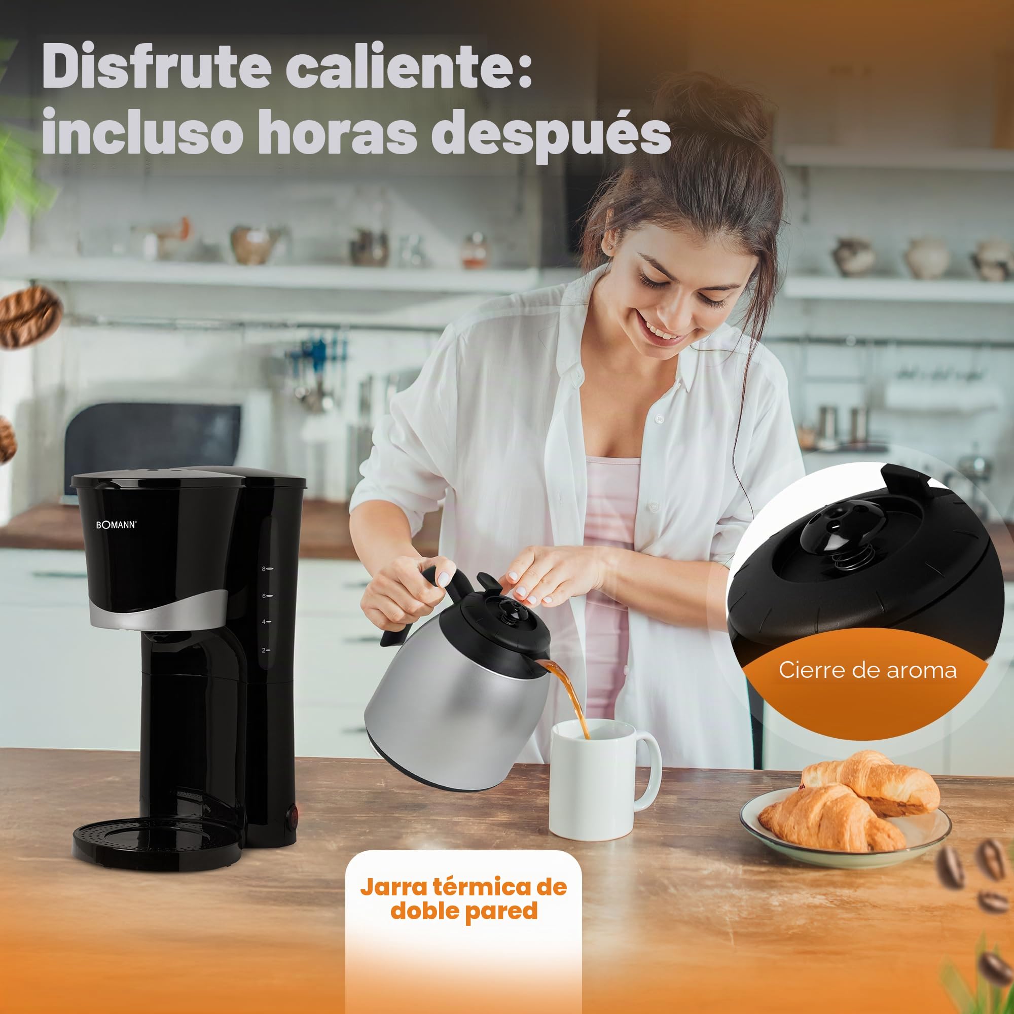 Bomann® Cafetera para 8-10 tazas de café de filtro, cafetera con jarra térmica, parada por goteo y desconexión automática, filtro extraíble, indicador de nivel de agua aprox. 1 litro - KA 168 CB negro