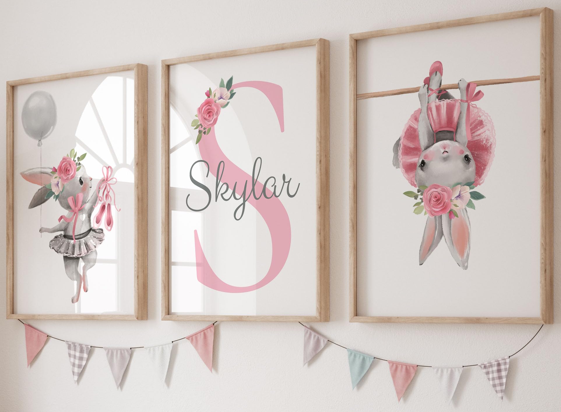 Eviepops Prints Ballerina Bunnies Set of 3 Unframed Poster Prints for Girl Nursery Bedroom Playroom, Personalise Name, Girls Nursery Decor, Girls Bedroom Wall Art, Pink Bunny Rabbit (A4)