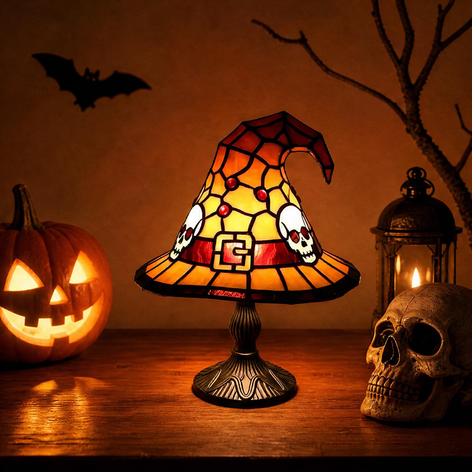 Stained Glass Witch Hat Table Lamp, Gothic Wizard Hats Night Light