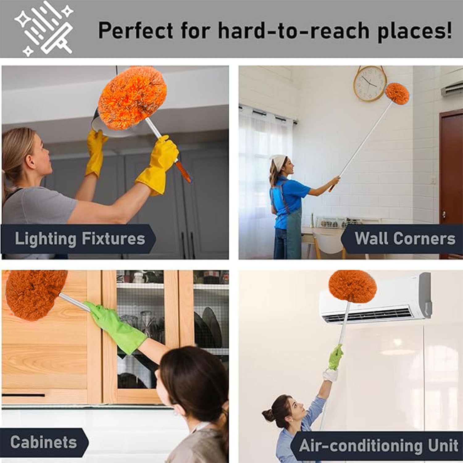 Maxoshine Fan Cleaner Brush with Long Rod Flexible Fan Cleaning Mop Microfiber Dust Cleaner Foldable Duster Microfiber Duster for Cleaning of Home, Kitchen, Car (Orange+Yellow) 1