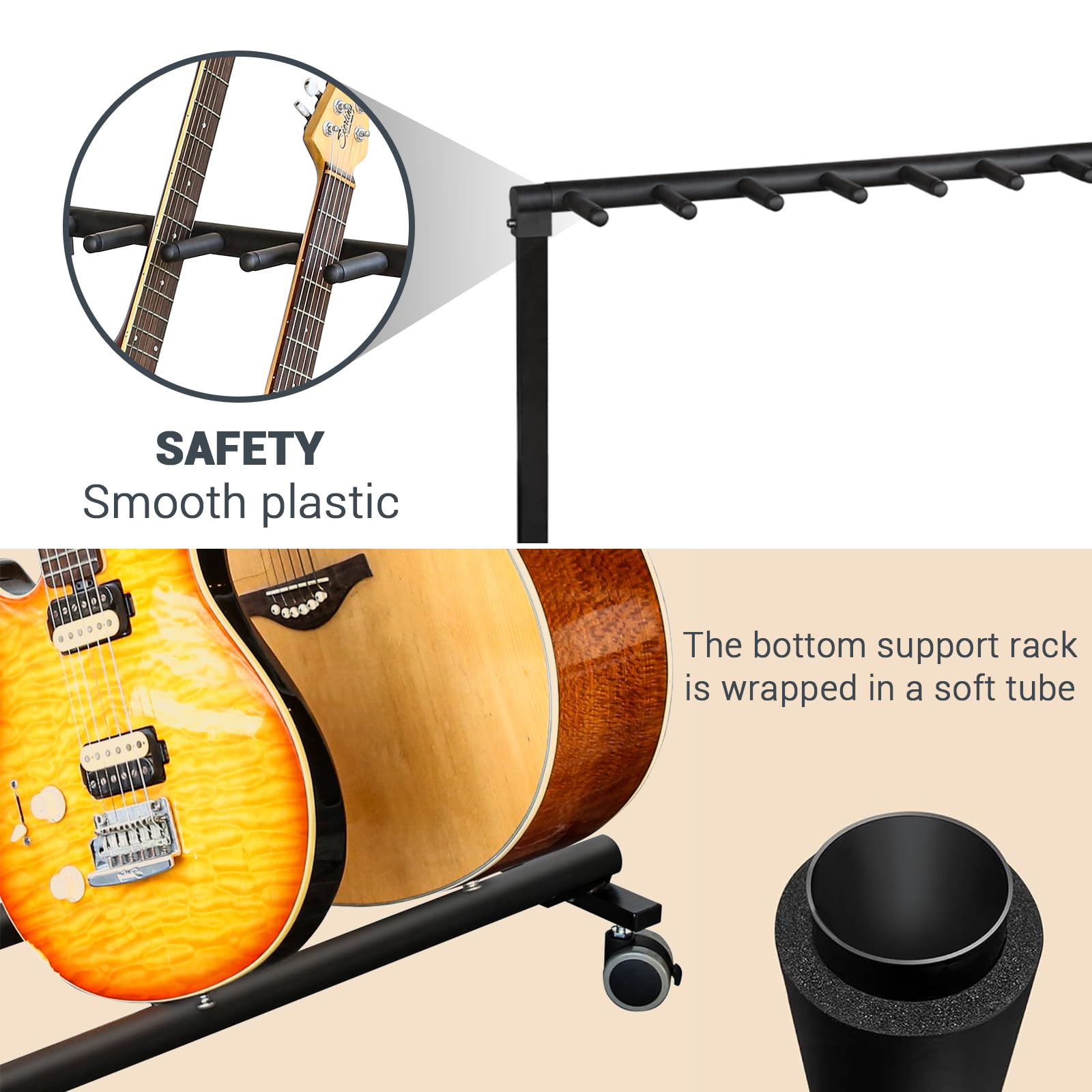 Supporto per chitarra multi con ruote, 7 supporti, pieghevole, con imbottitura in gomma antiscivolo, per casa, palco, basso, acustico, elettrico, studio