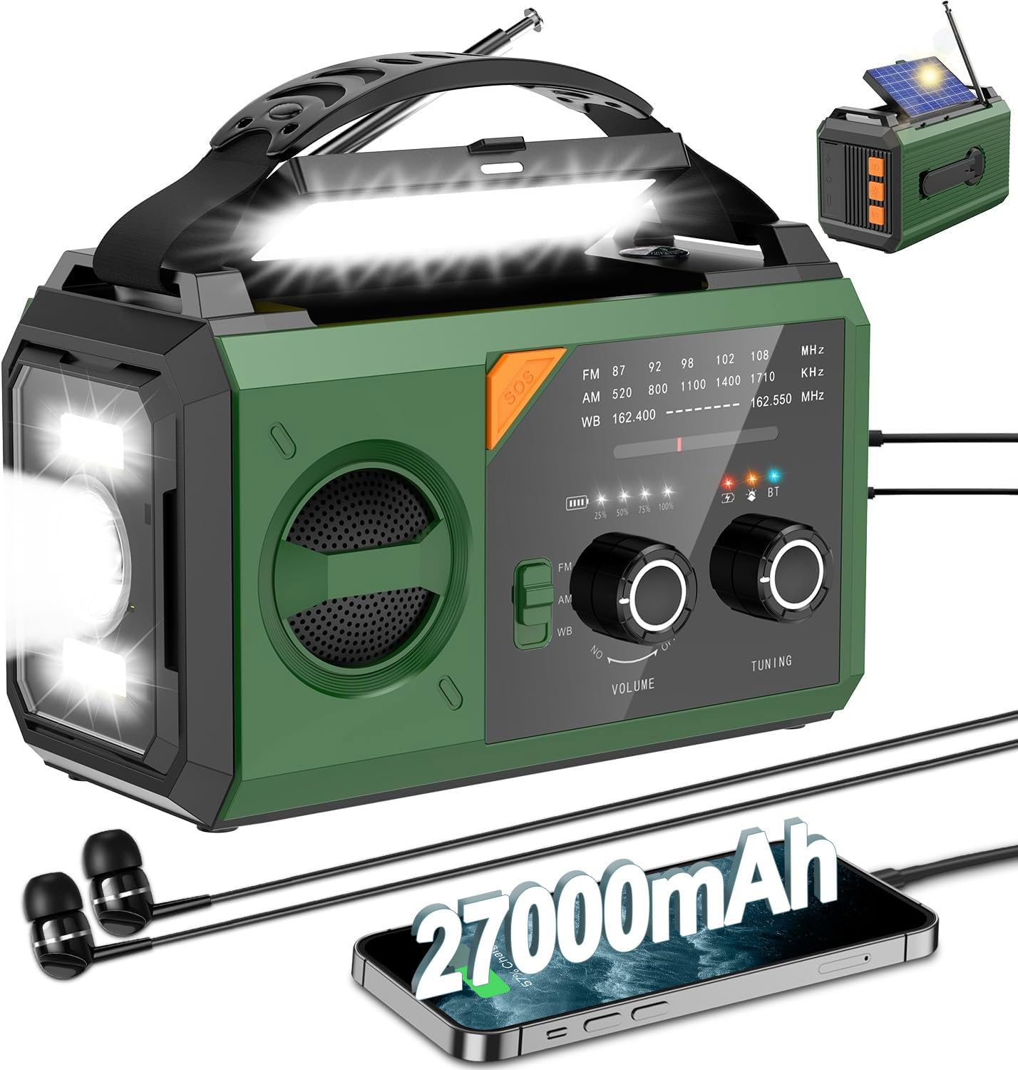 Radio d'Urgence à Manivelle 27000mAh Solaire AM/FM Portable Bluetooth Lampe de Poche SOS