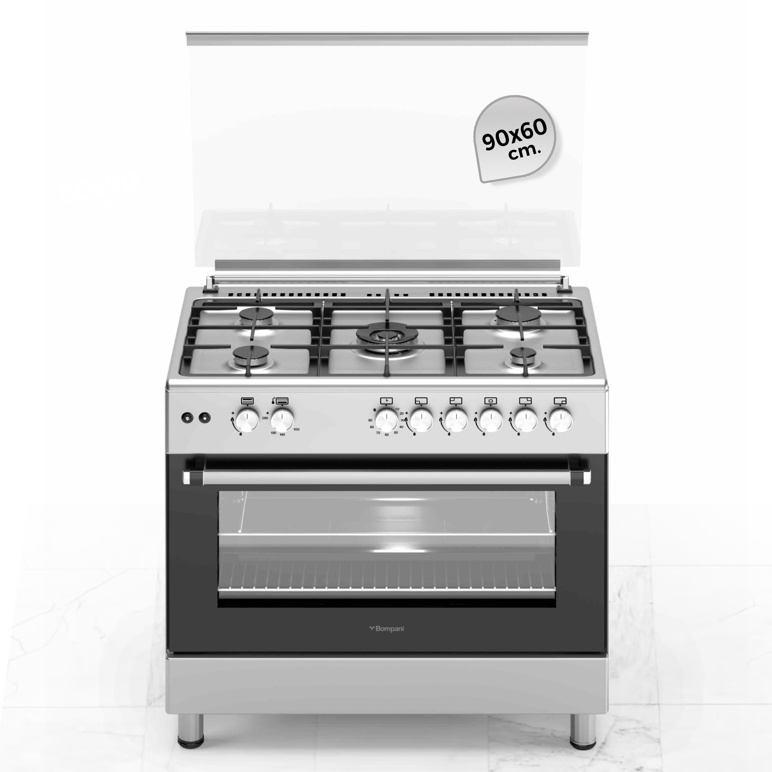 Bompani90x60cm 5-Burner Cooking Range with Mechanical Timer, Gas Oven, Grill, FFD, Full-Safety, Automatic Ignition - One Year Manufacturer Warranty BO693YAL Silver