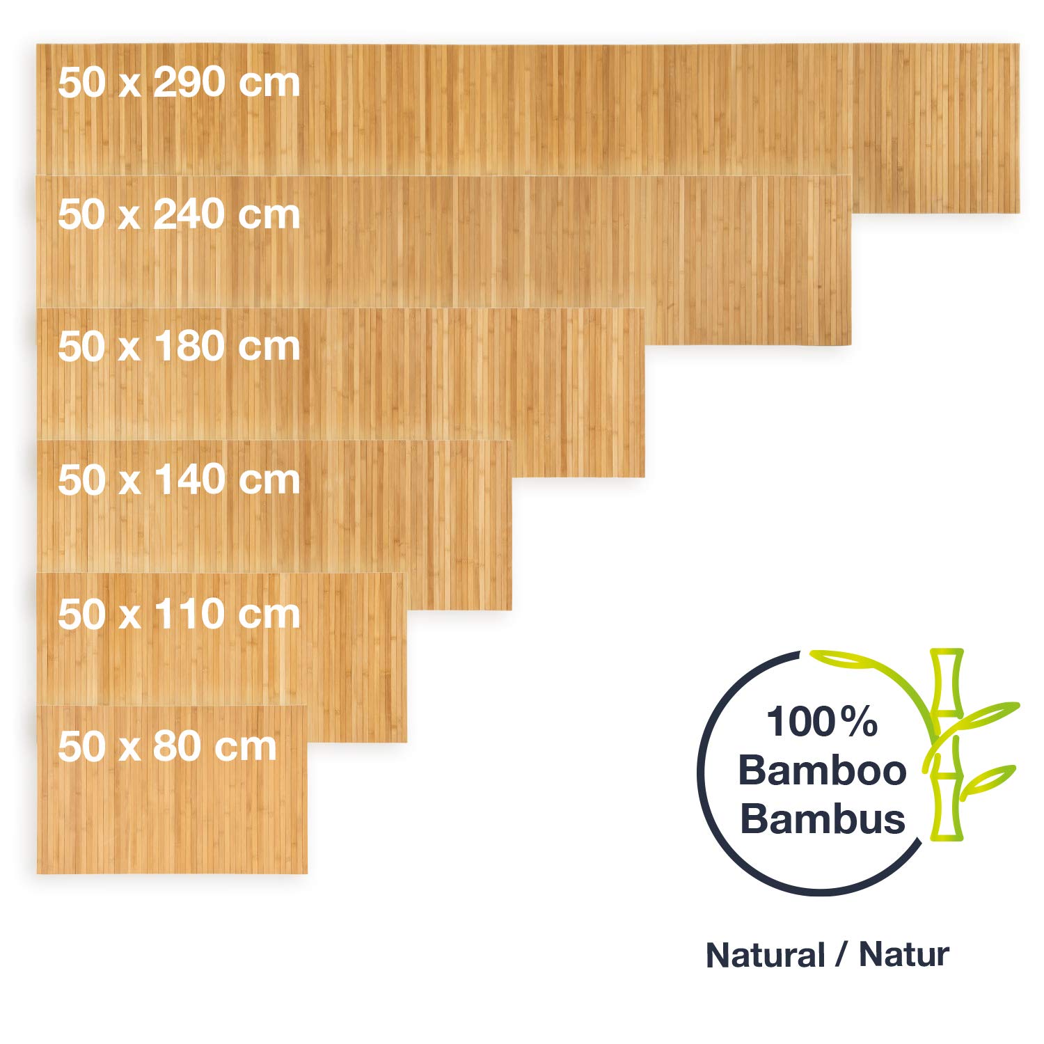 WohnDirect Tapis en Bambou Durable 50x280 - Tapis de Bain - Tapis de Bain antidérapant - 100% Bambou Surface - Tapis de Douche