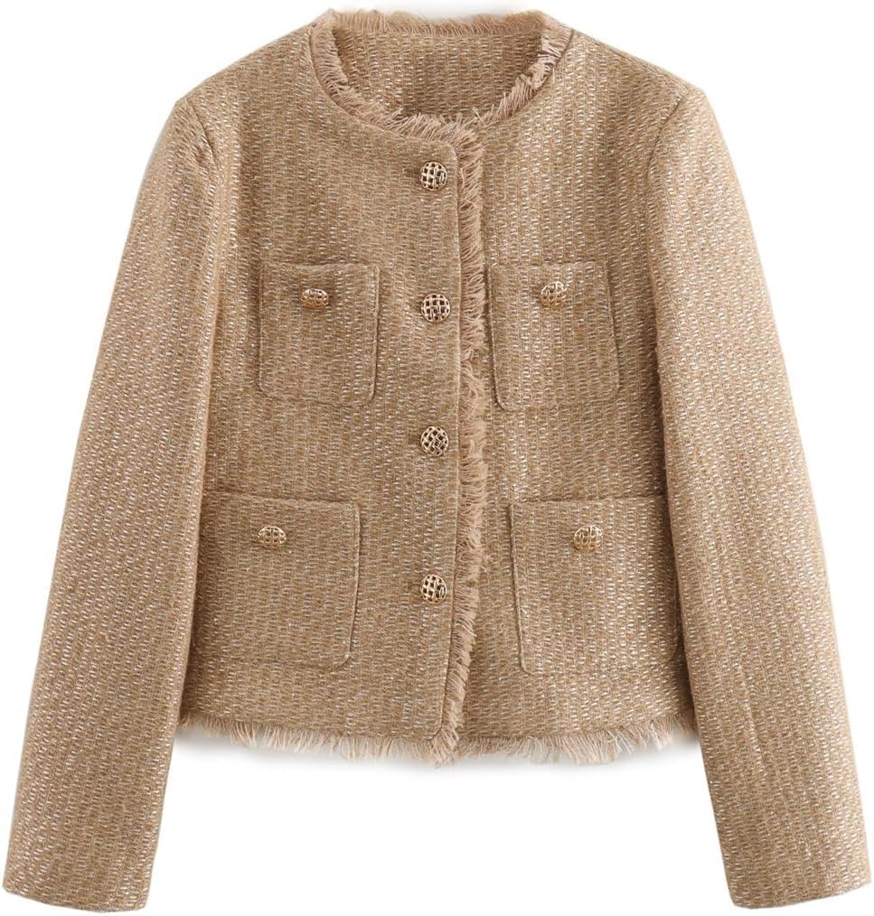 Generico Giacca Da Donna in Tweed Corta Elegante Casual E Business A Maniche Lunghe Con Bottoni Giacca Leggera Da Ufficio Da Lavoro Con Scollo Rotondo