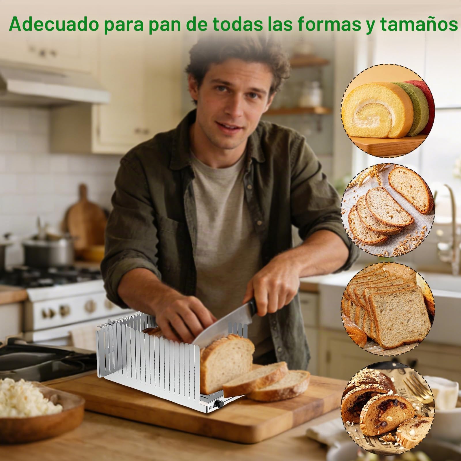 Rebanadora de Pan de Acero Inoxidable, Tabla Cortar Pan con Guía, Ancho Ajustable: de 14 a 21 cm, Grosor: 14 mm, Rebanadora de Pan Plegable para Bagels, Burritos, Tostada y Bizcocho