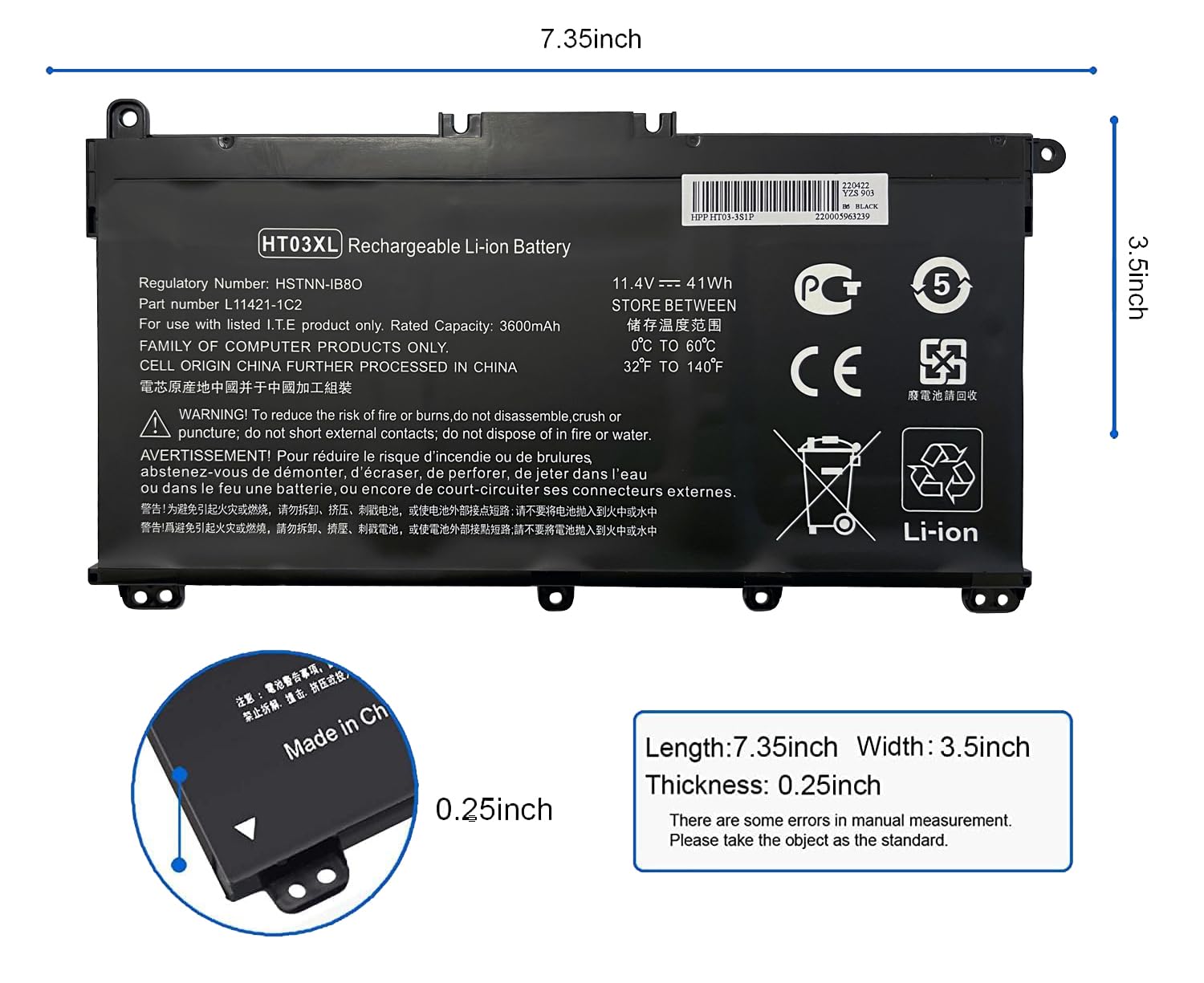 Batería de Repuesto HT03XL para Pavilion HP 14-CE0025TU 14-CE0034TX 15-CS0037T 250 255 G7 HSTNN-LB8L L11421-421 HSTNN-LB8M HSTNN-DB8R (11,34 V/41 WH, 3600 mAh)