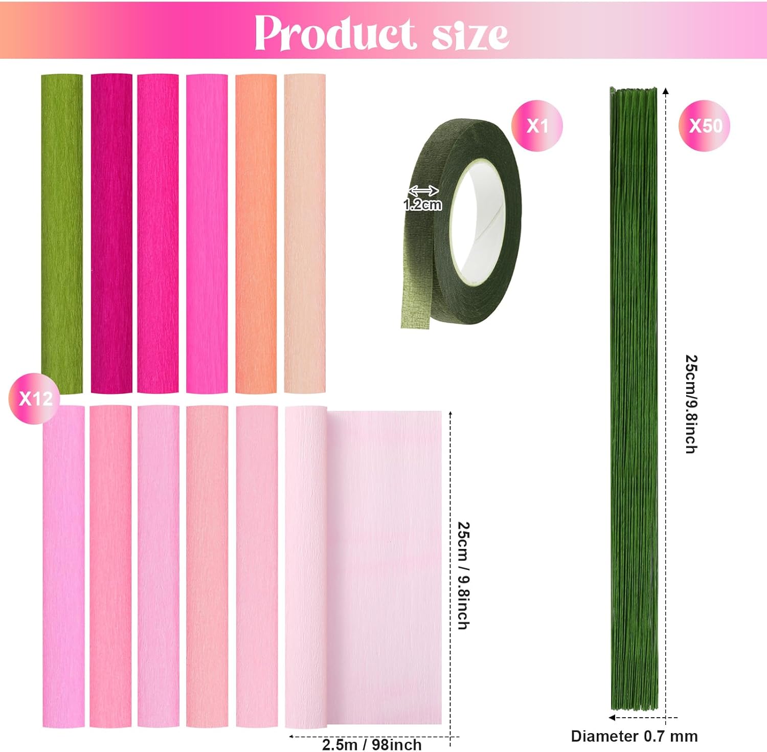 Chrisfall 12 Rolls Crepe Paper Rolls 12 Colors Wide Crepe Paper Streamer Assorted Streamers with Floral Stem Wire and Green Floral Tapes for Birthday Party Ornament (8 Feet X 10 Inch,Pink Colors)