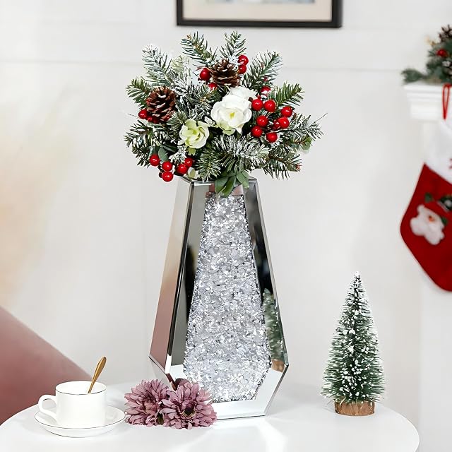 Vases de fleurs en diamant broyé, vase miroir en verre décoratif 36H cm, Vase de table en verre argenté, vase de cristal argenté pour décoration maison, ne peut pas retenir l'eau