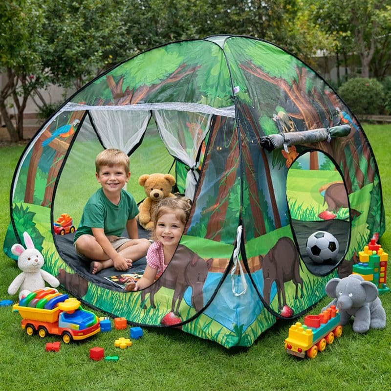 Image of Foldable Play Tent House Big Size for Girl Boys with Jungle Theme Pop-Up Indoor & Outdoor Playhouse for Girls Boys| Multi Purpose Tent with Fun Patterns Easy Setup & Portable (Green Orange)