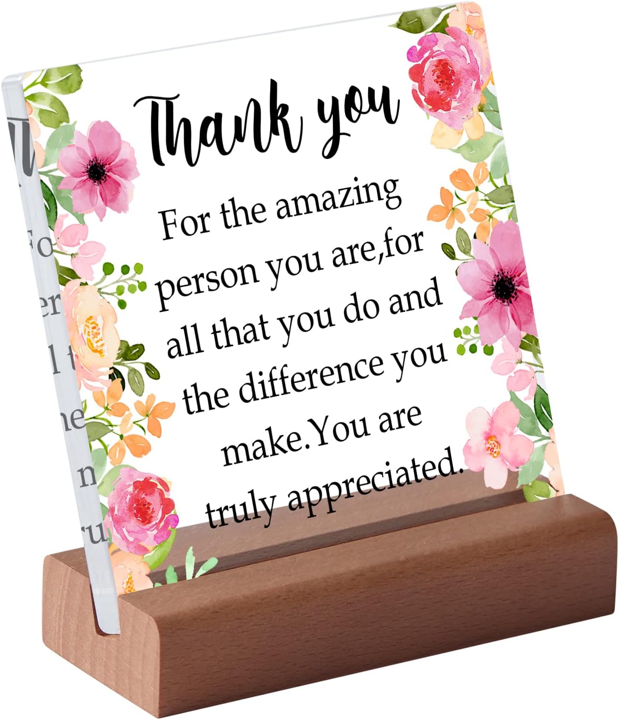Thank You Farewell Gift for Women Men Friend Boss Retirement Gift Square Acrylic Desk Plaque Sign With Wood Stand Decor for Home Office Desk-Thank You for The Amazing Person You are Sign(Flowers 02)