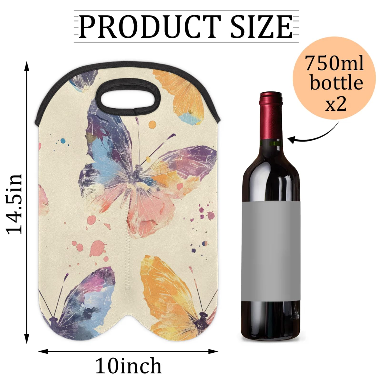 GzLeyigou 2 Bottles Fly Butterflies Wine Bag Sleeve Totes Neoprene Protective Wine Carrier Bag for Wine,Water, Champagne, Beer, Baby Bottles,Gift 14.5 x 10 Inches