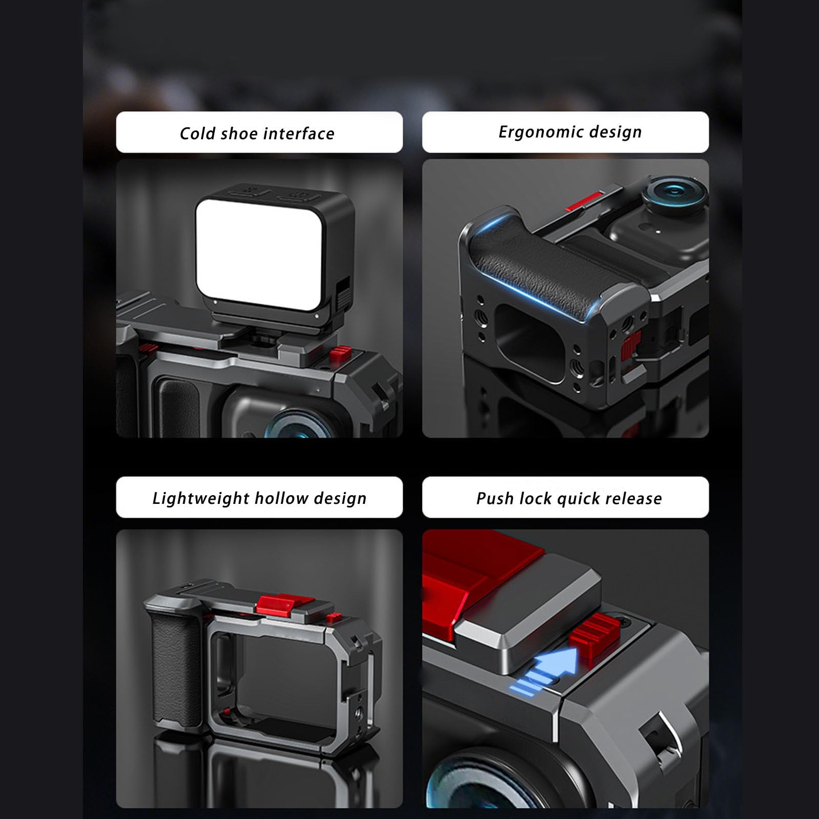 Kit Street Grip, Gabbia per Fotocamera in Lega di Alluminio con Protezione Antiurto e Impugnatura in Silicone per Go Ultra, con Supporto per Fredda e Cinturino da Po