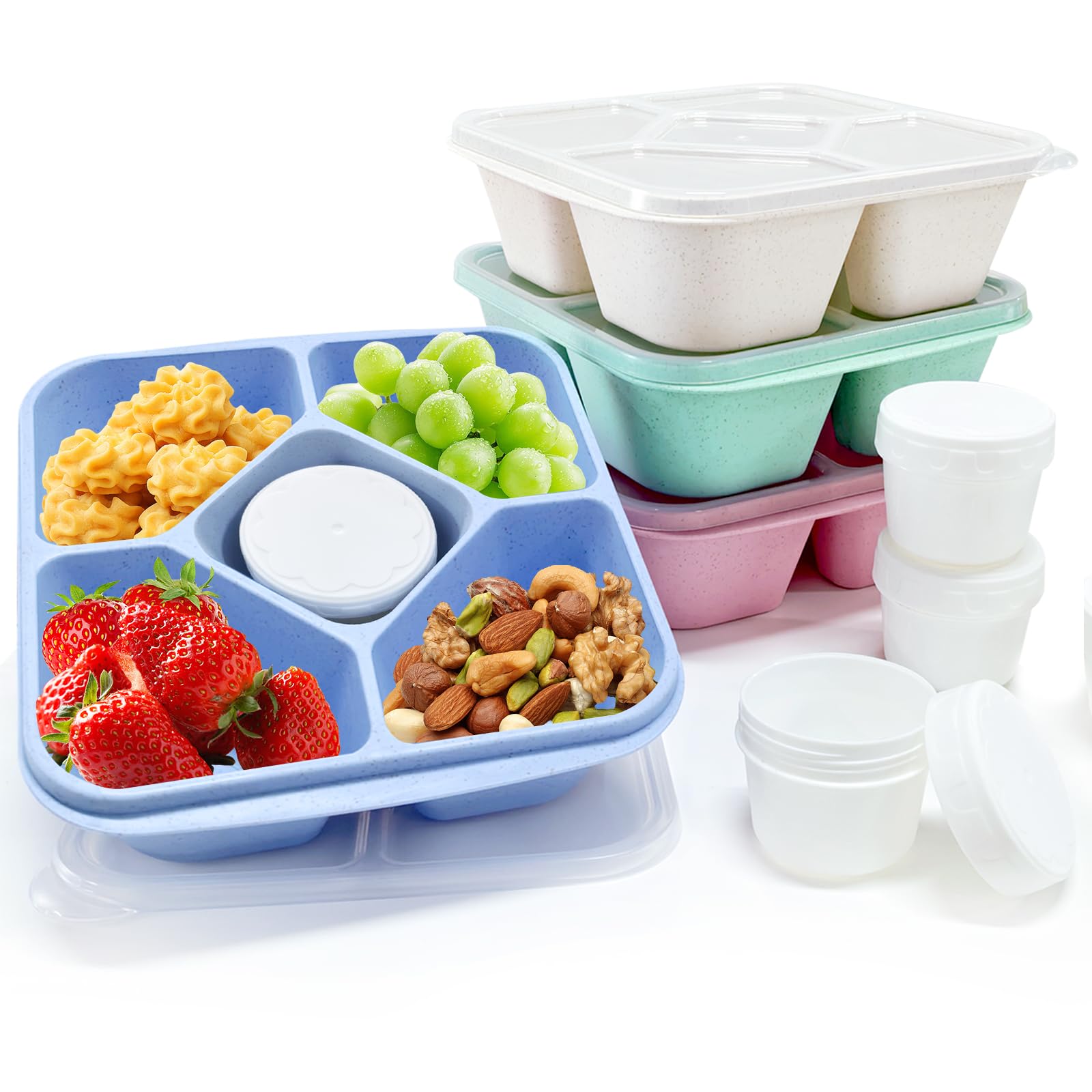 4 Pack Lunchable Snack Containers for Kids & Adults - 5 Compartments Bento Lunch Boxes with 4 Sauce Container, Reusable Meal Prep Containers, Divided Food Storage Containers for School Work Travel