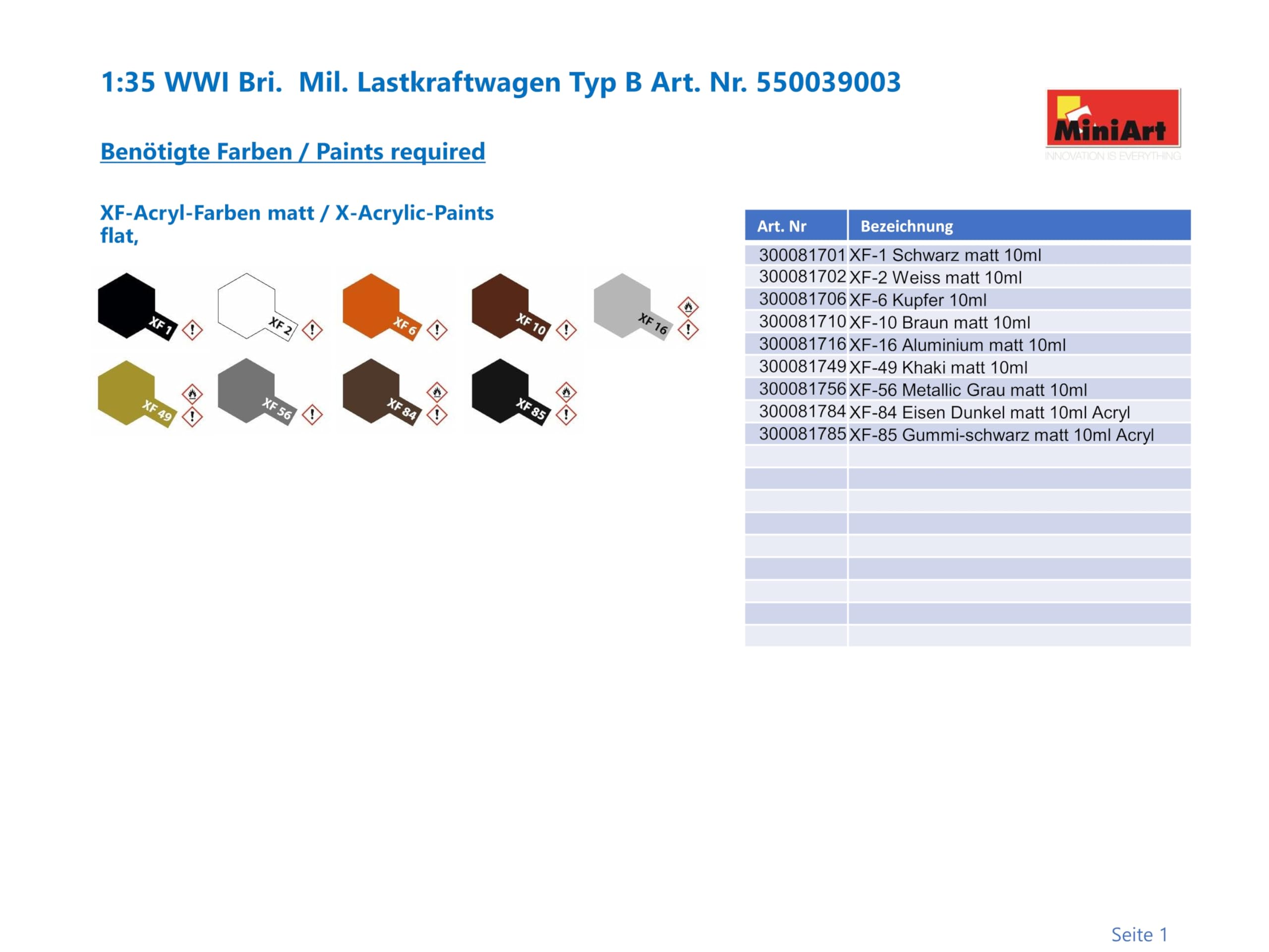 Mini Art 39003 1:35 WWI Bri. Mil. Lastkraftwagen Typ B - originalgetreue Nachbildung, Modellbau, Plastik Bausatz, Basteln, Hobby, Kleben, Modellbausatz, Zusammenbauen, unlackiert