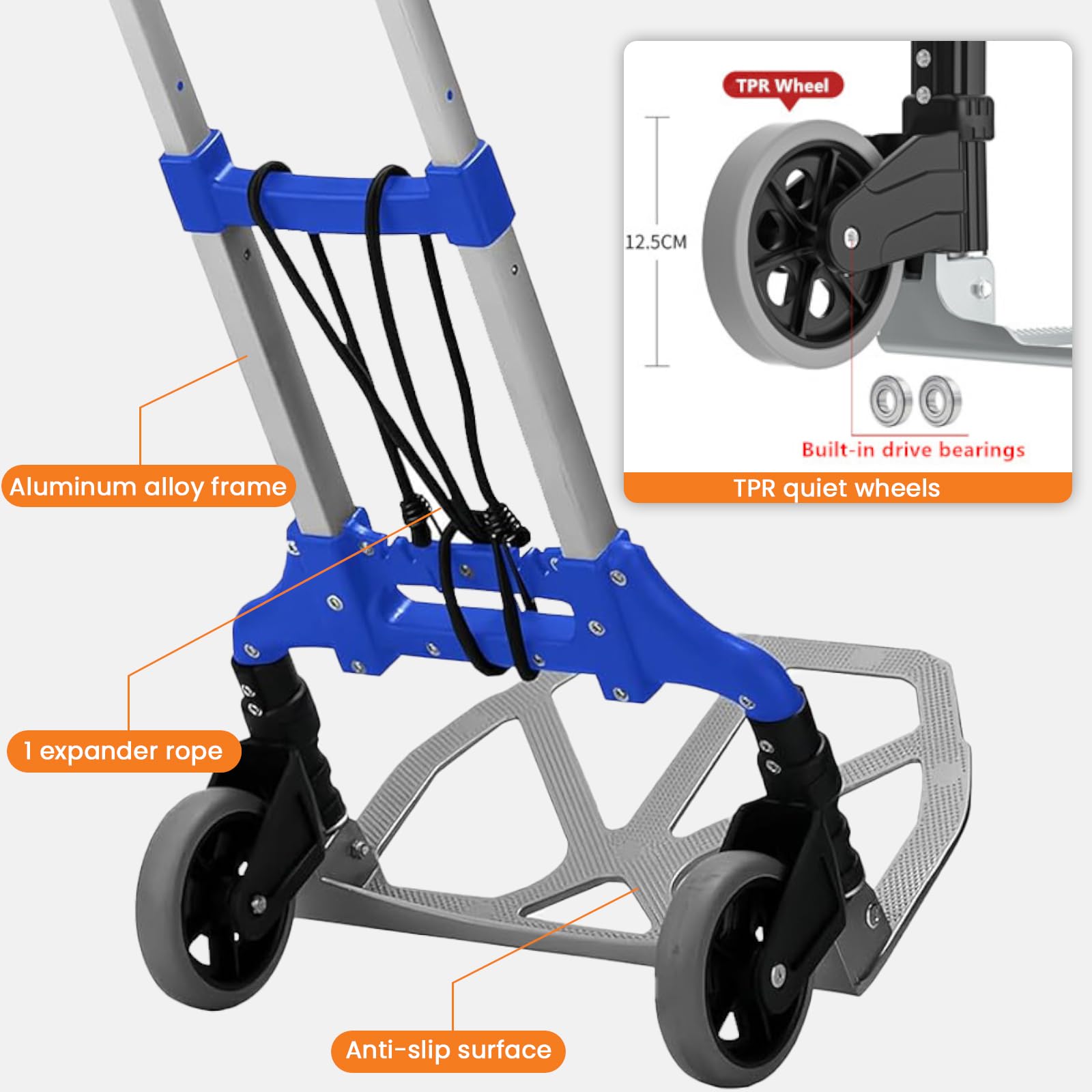 MAXBROTHERS Diable Pliable en Aluminium,avec poignée télescopique et Roue en Caoutchouc rotative à 360, 1 Cordons Extensibles,degrés pour Les Bagages,Shopping,Voyage,déménagement et(TPR-Wheels)