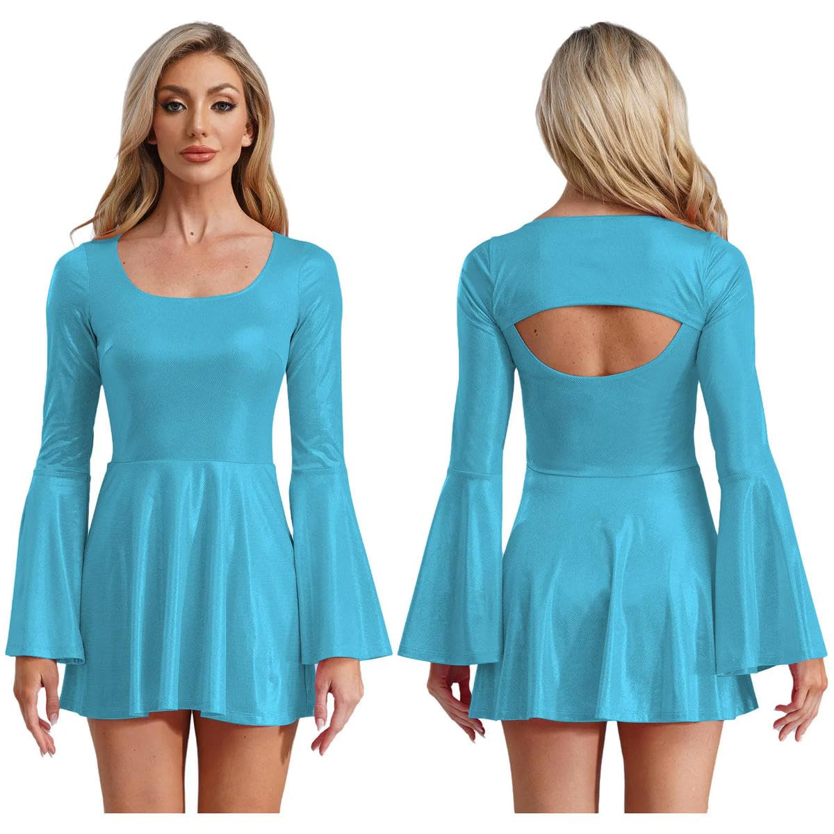 Vestido corto ajustado para mujer, manga larga, espalda recortada, cintura alta, vestido de línea A, vestido corto metálico, vestido de fiesta y vacaciones