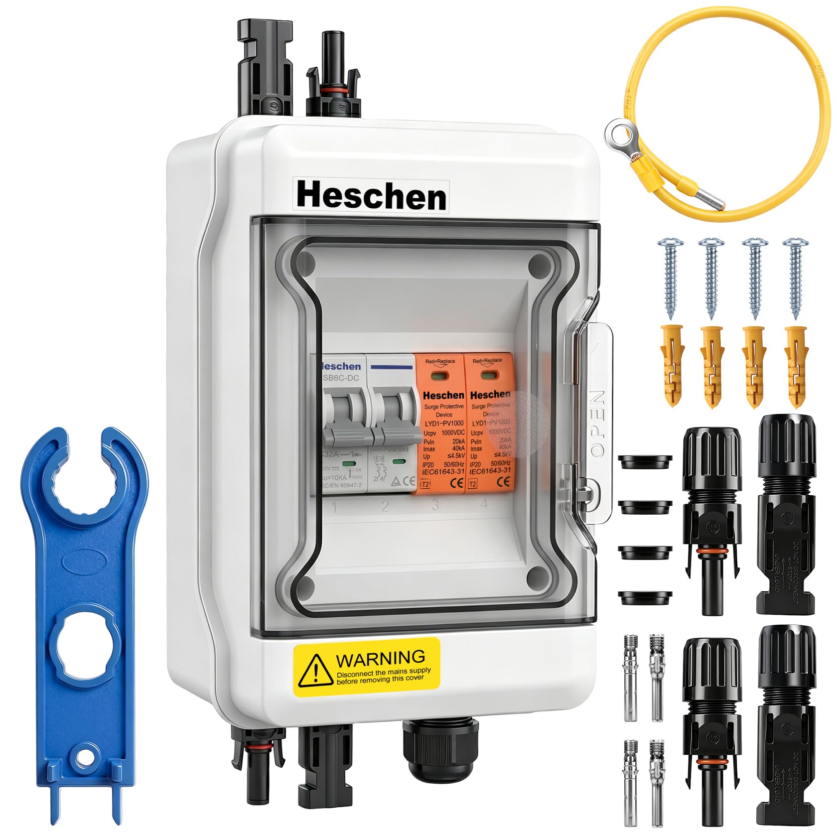 Heschen 1-strunowy PV Combiner Box 500 V DC, gotowa do podłączenia skrzynka przyłączeniowa fotowoltaiczna z wtyczką MC4, 1 x bezpiecznik 32 A i ochrona przed przepięciem 1000 V 40 kA, IP65, CE TÜV