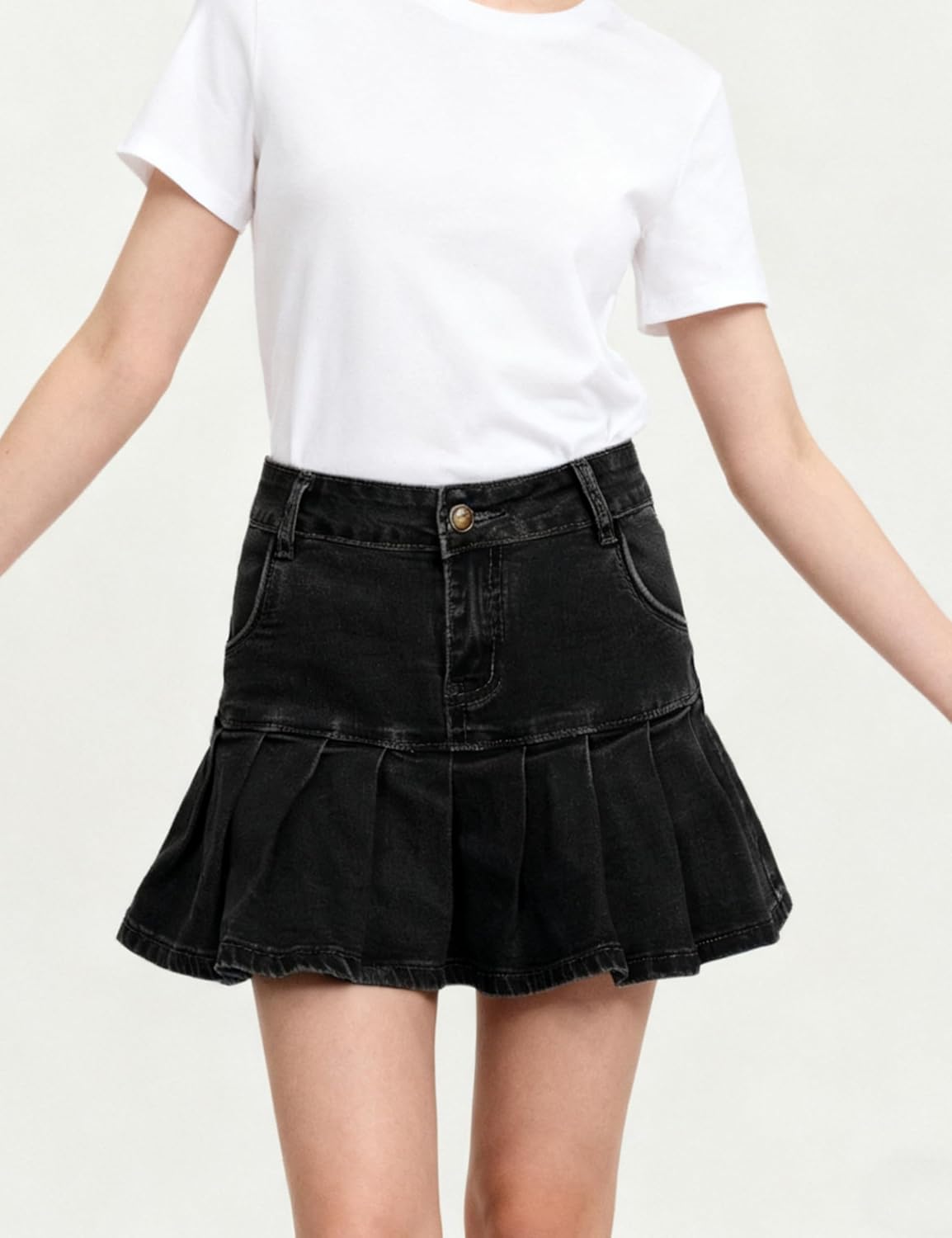 Dqbeng Women's Pleated Denim Mini Skirt Casual A-Line Short Jean Skater Skirts with Pockets - Image 3