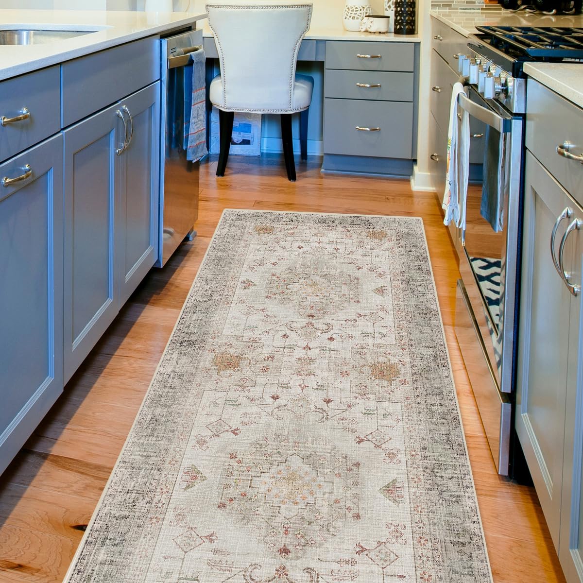 Tappeto runner per cucina, corridoio, beige, antiscivolo, motivo a scacchi, lavabile, decorazione per la casa, per cucina, corridoio, soggiorno, zerbino con retro in gomma, larghezza 40-120 cm