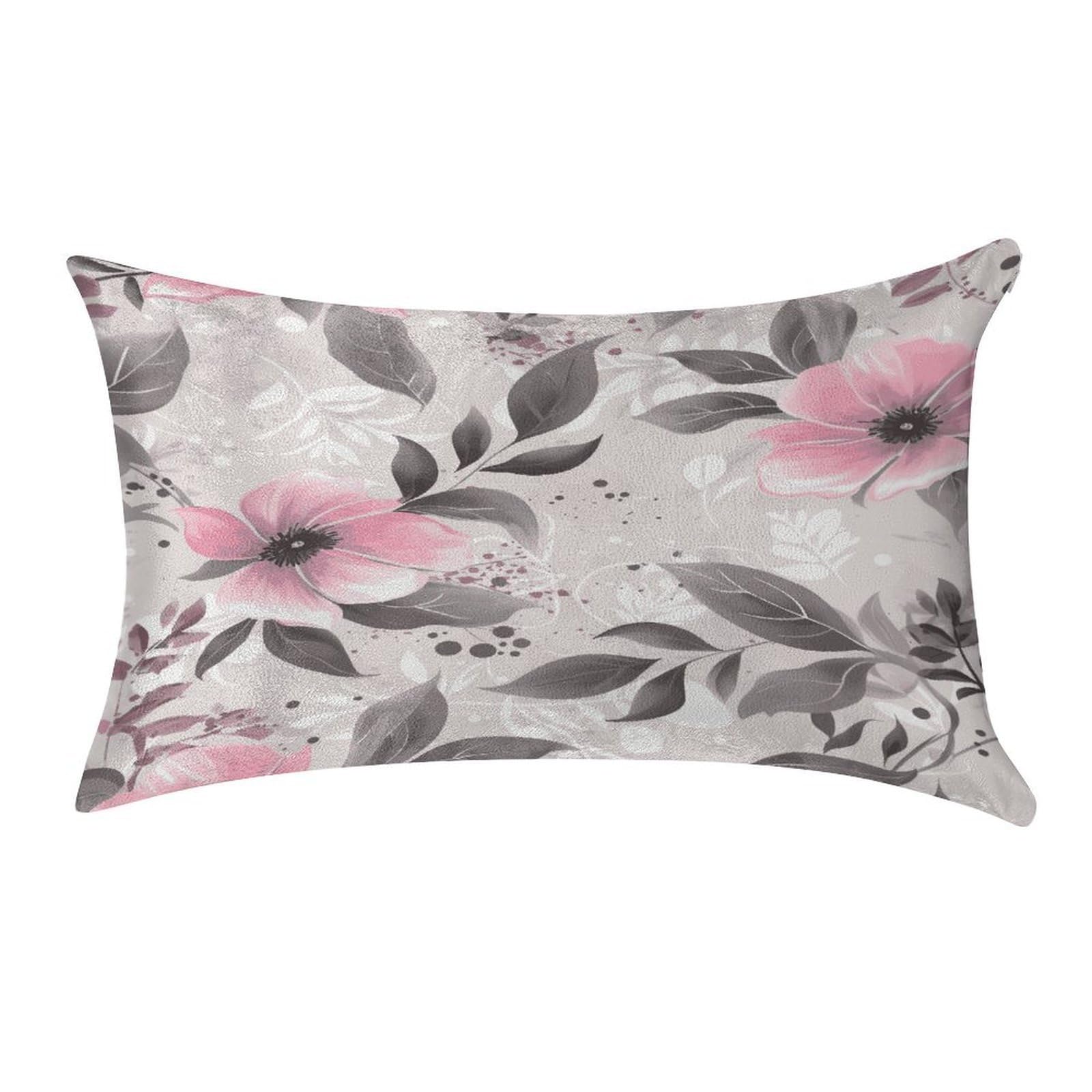 MUSM Pink Flowers and Leaves on Gray Pillow Case 12"X20" Luxury Velvet Throw Pillow Cover Fade Resistant Cozy Soft Pillowcases Pillow Protector Pillow Shams Lumbar Pillow Shells for Home&Gifts