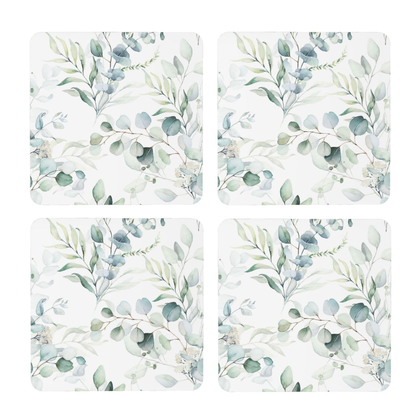Art Watercolor Leaf,Square MDF Cork Coasters, Mugs Pad, Cups Mat Set of 4 Drinks Coasters