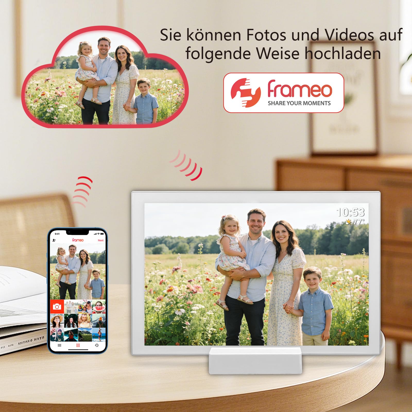Frameo Digitaler Bilderrahmen 10,1 Zoll WLAN, 5000mAh Akku mit kabelloser Ladestation, 32GB Speicher, HD IPS Touchscreen, Auto-Rotation, Sofortiges Teilen von Fotos und Videos via Frameo App– Der idea