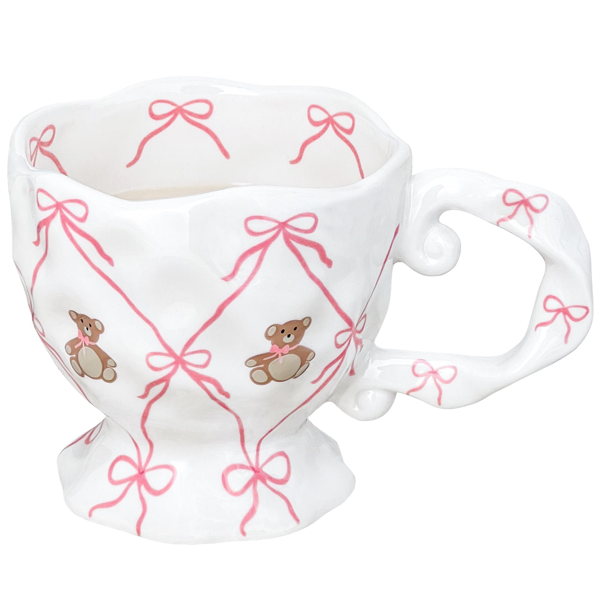 Cute Coffee Mug with Pink Bow Bear, Handmade Kawaii Ceramic Mug for Tea Milk Latte Cocoa 14 oz Funky Novelty Porcelain Cup Birthday Holiday Gifts for Women, Kids and Mothers Day Gifts