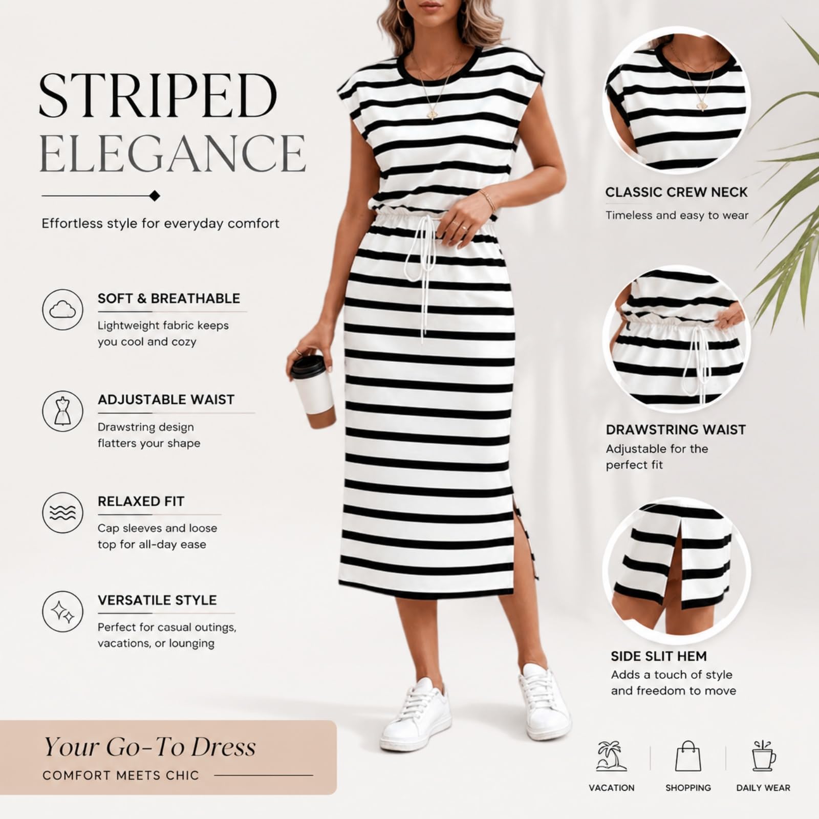Abito Midi a Righe da Donna con Spacco e Coulisse in Vita | Abito a T-shirt con scollo rotondo, maniche ad aletta e coulisse regolabile; abito estivo con spacco laterale