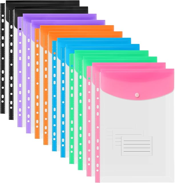 12 Pack Clear Punched Pockets A4 Plastic Folders Wallets Document Files Popper Wallets with Pocket, 11 Hole Ring Binder Files