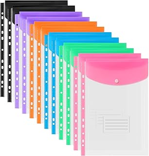 12 Pack Clear Punched Pockets A4 Plastic Folders Wallets Document Files Popper Wallets with Pocket, 11 Hole Ring Binder Files