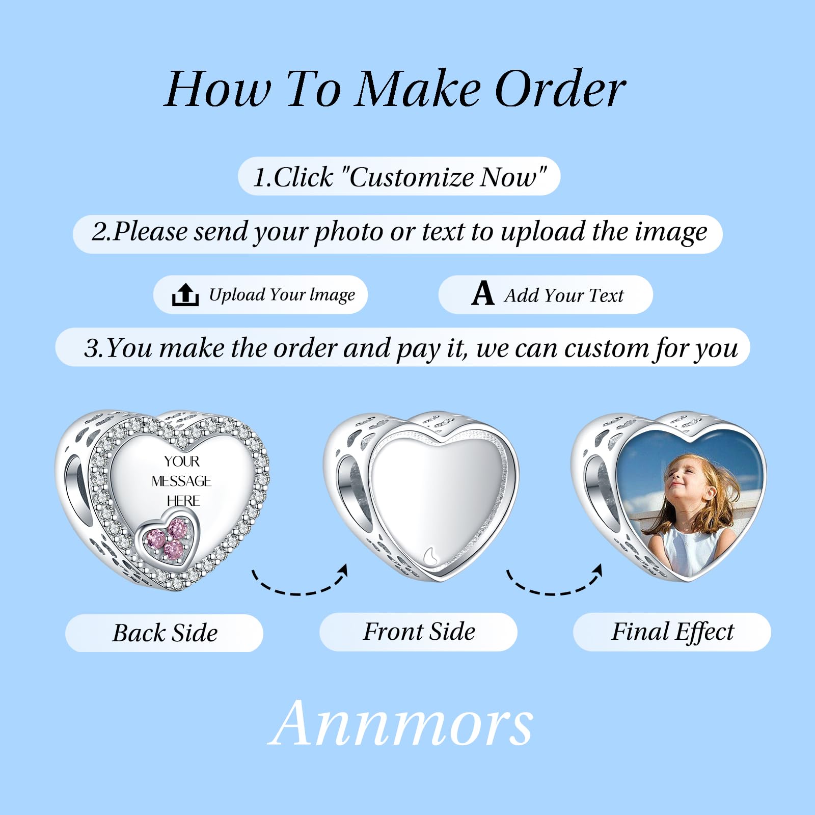 Annmors Personnalisé Photo Charme 925 Argent Sterling Famille Maman SœUr Fille Tortue Empreintes Amour CœUr Chanceux Carré Rond Pendentifs Ajuster Bracelets/Collier Perle Bijoux Pour Les Femmes