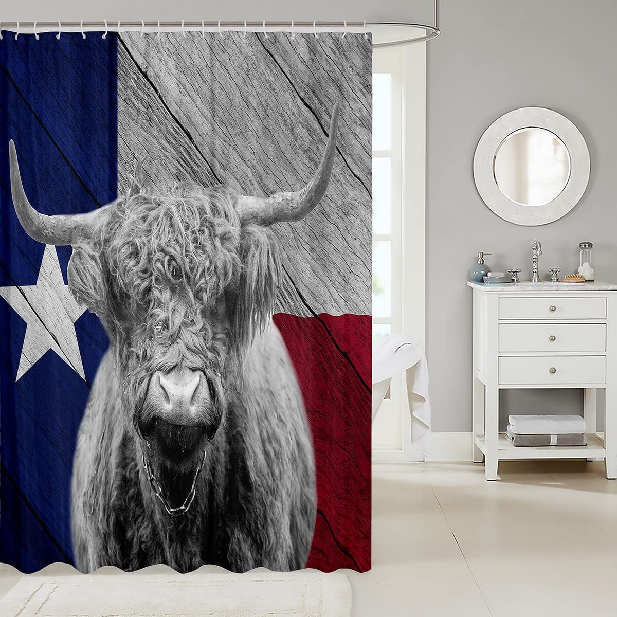Tenda da doccia in stile rustico, mucca delle Highland con lavanda nella vasca da bagno, decorazione moderna per il bagno primaverile, tenda da doccia in tessuto impermeabile con ganci, 152 x 183 cm