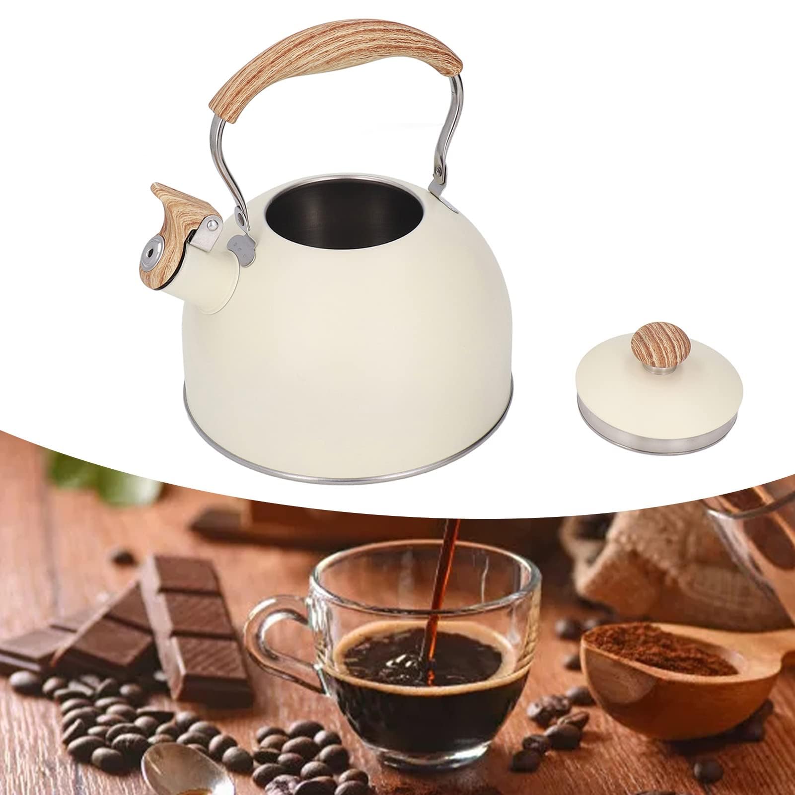 Wasserkessel Induktion, 2,5 l Pfeifkessel Edelstahl Teekessel mit Holzoptik Griff Flötenkessel für Gasherd Keramikofen Induktionskochfeld