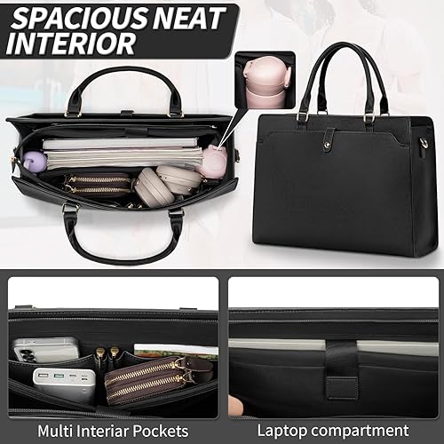 Miniatura 2 de Bolsa de mano para computadora portátil para mujer, 15.6 pulgadas, impermeable, de cuero, gran capacidad, maletín de trabajo para oficina y negocios