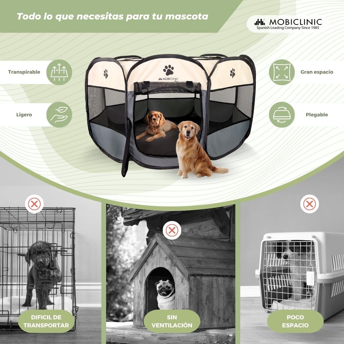 Mobiclinic® Pets, Parque para Perros, Plegable, 114x114x58cm, Scooby, 2 accesos, 8 Ventanas, Cinta elástica Guardar, Interior y Exterior, Tela de Malla 600d, Fácil Limpiar, Gris