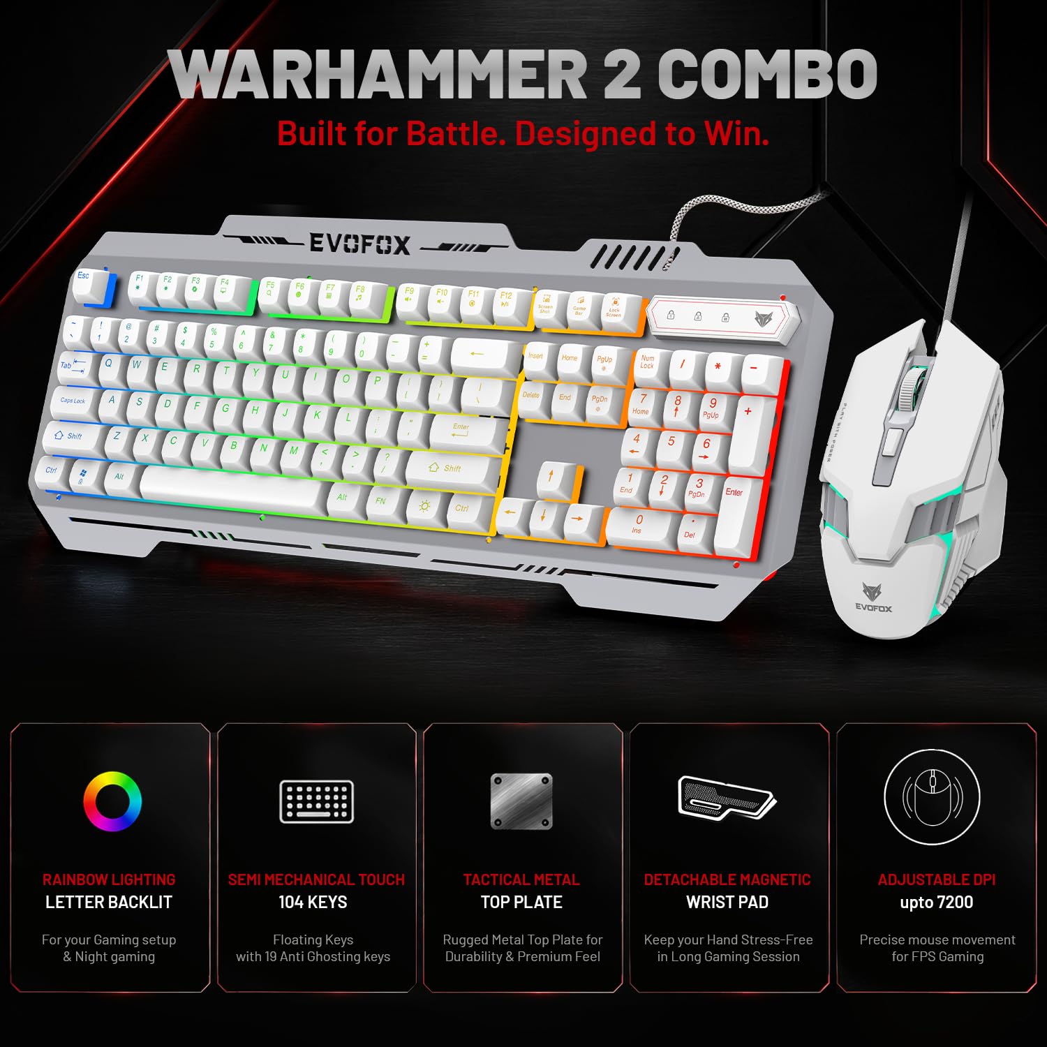 EvoFox Warhammer 2 Semi-Mechanical Gaming keyboard Mouse Combo Wired with Rainbow RGB Effect & Letter Backlit, Detachable Magnetic Wrist Pad, Metal Body,19 Anti-Ghosting Keys, 7200 DPI Mouse — Amazon image 2