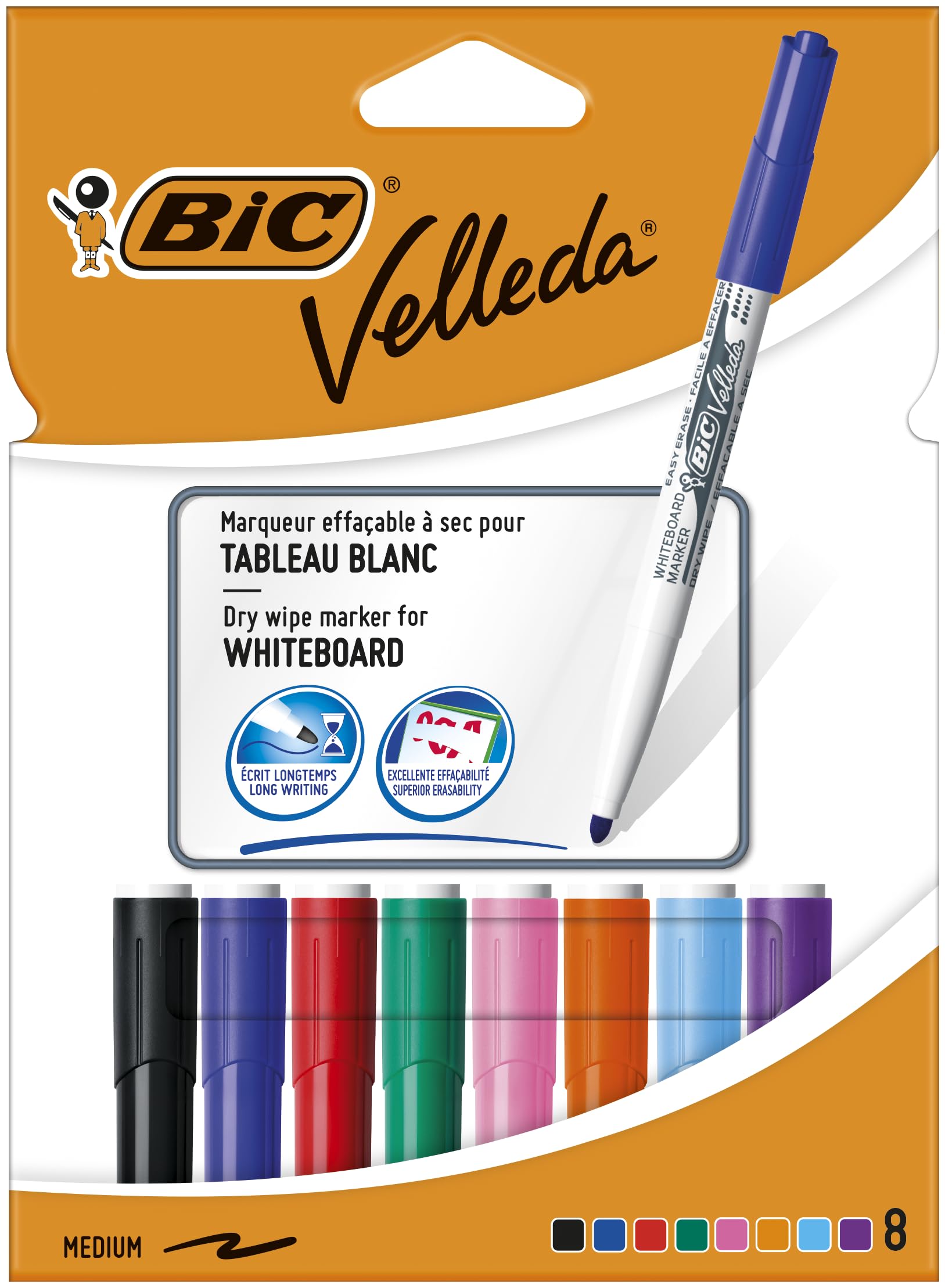 BIC Velleda Whiteboard Markers, Medium Tip (4.5 mm), Optimal for School and Office Use, Assorted Colours, Box of 8