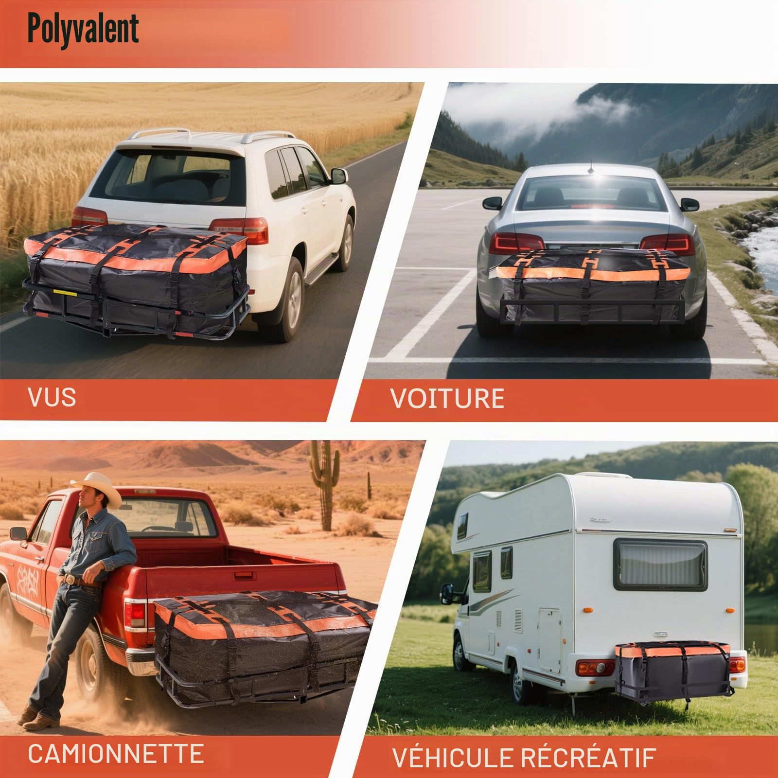 Coffre attelage Coffre de Toit de Voiture, Coffre arrière pour attelage de remorque, 425 l, revêtement 600D, en PVC, boîte à Bagages, étanche, indéchirable, Pliable