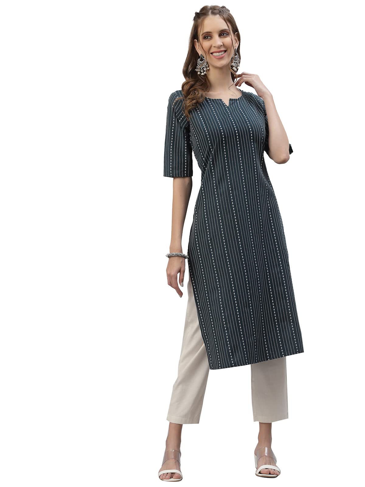 Stylum Women's Self Woven Striped Cotton Blend Straight Kurta (Daisyteal42_Teal Blue, Xl)