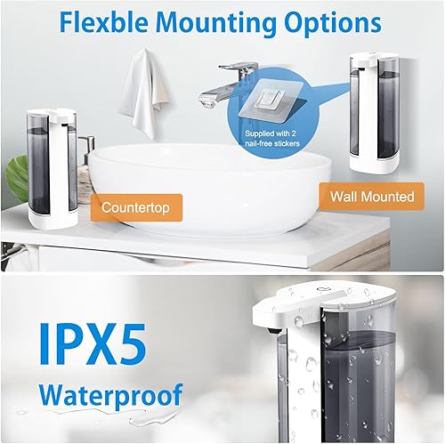 Miniatura 6 de Dispensador automático de jabón líquido, recargable, sin contacto, 17 oz16.9 fl oz con 4 niveles de jabón ajustables, montaje en pared e