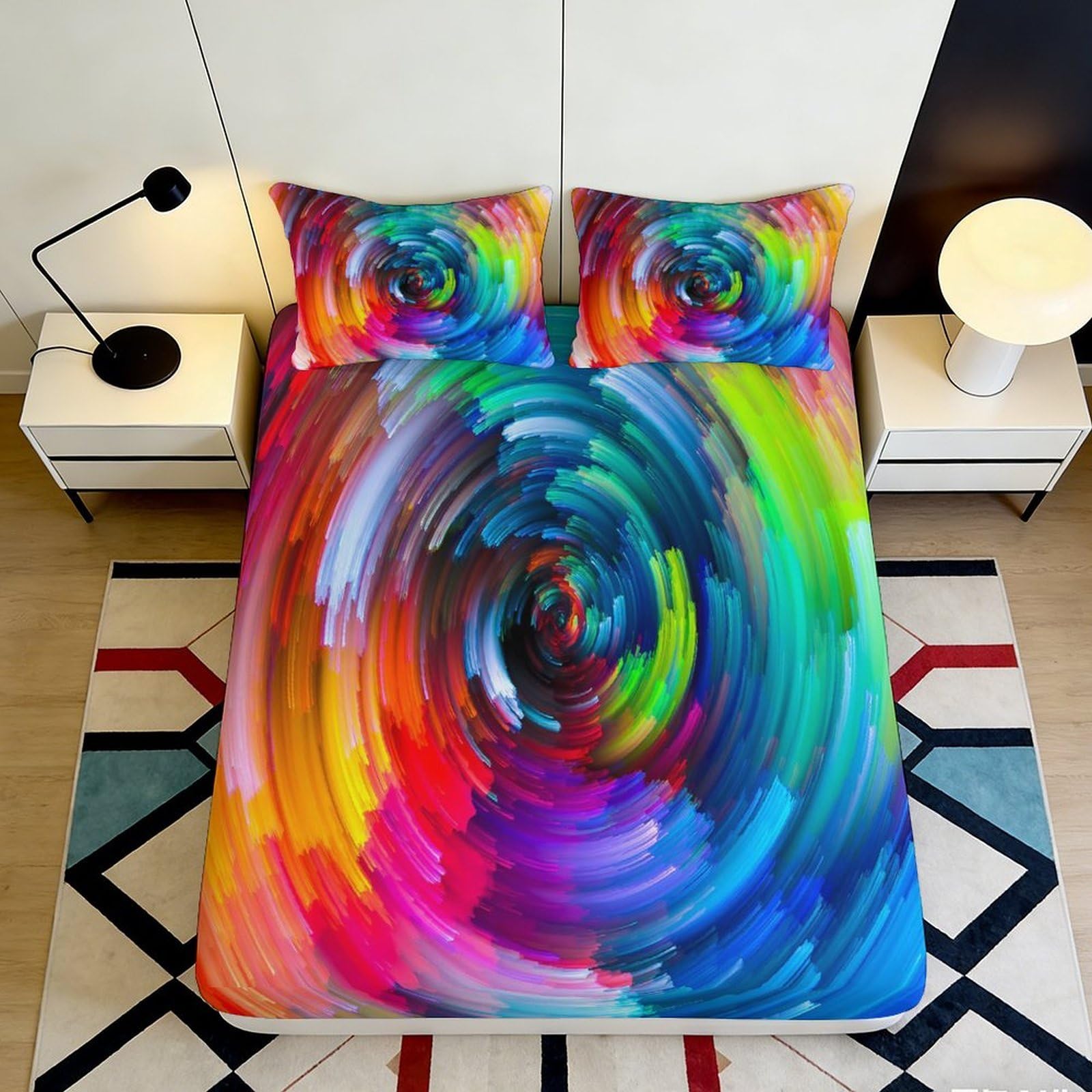 3D Printed Colorful Swirl Fitted Sheet Microfiber Soft Breathable Abstract Spiral Bed Cover for Bedroom Dormitory Guest Room Mattress Protection 180x200x25cm