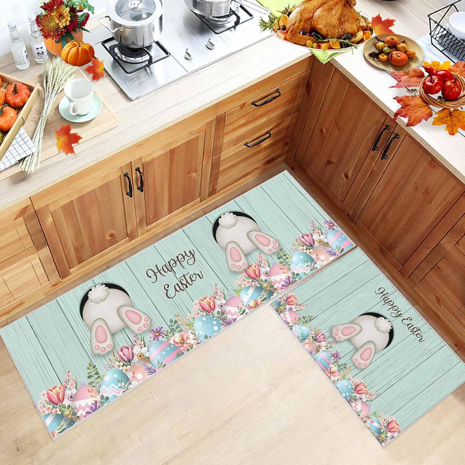 Teamery Kitchen Mats for Floor Easter Rabbit Butt Colorful Egg Washable Non Slip Kitchen Rugs 2PCS, Rustic Flower Retro Wood Board Absorbent Standing Mats for Sink Living Room 15.7x23.6in+15.7x47.2in